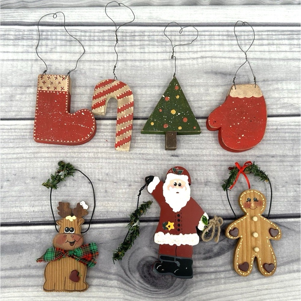 LOT OF 7 VINTAGE WOODEN CHRISTMAS ORNAMENTS
